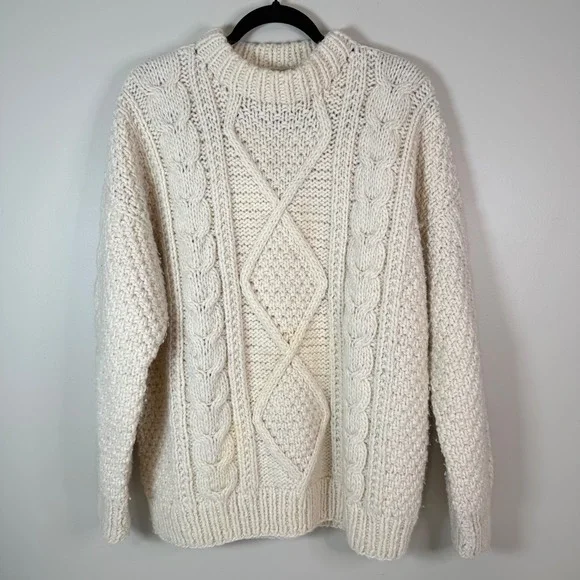 Artesania Lucita Cream Cable Knit Wool Sweater Mock Neck Chunky Fisherman - Picture 1 of 10